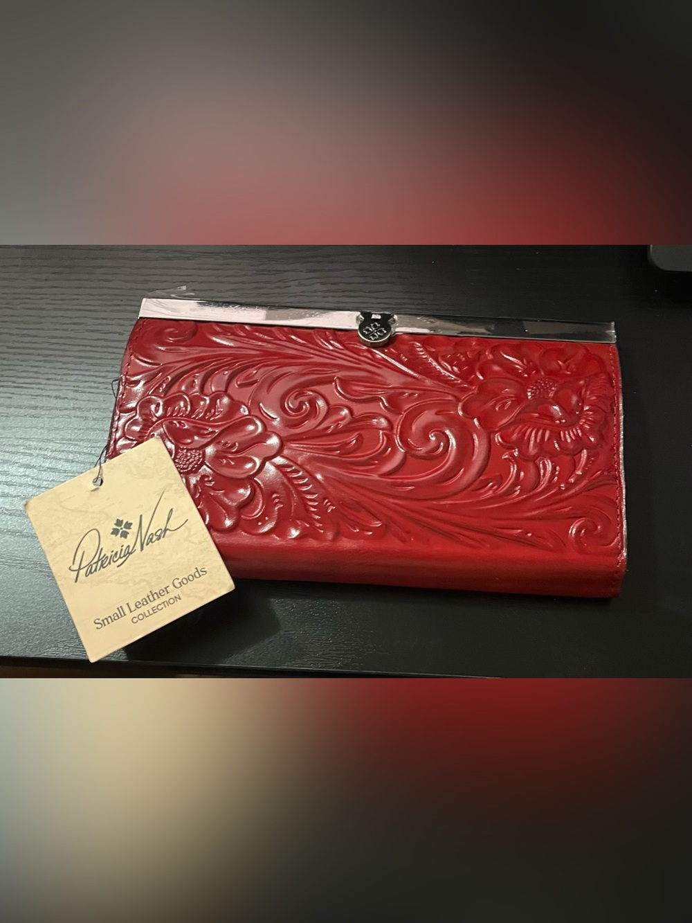 Patricia Nash Red Floral Tool Leather Clutch Wallet
